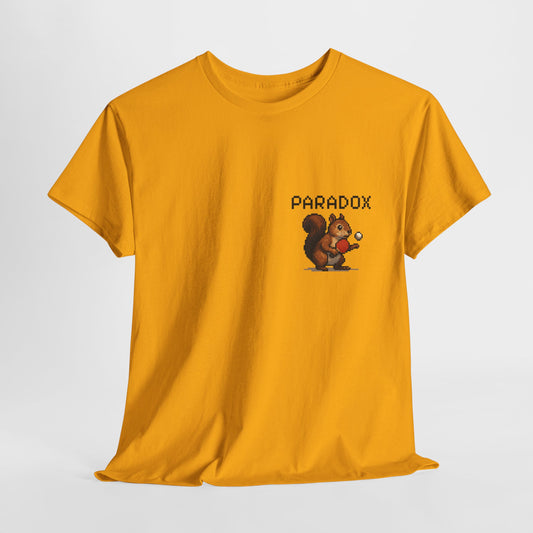 Yellow t-shirt with a pixel graphic of a squirrel playing ping pong