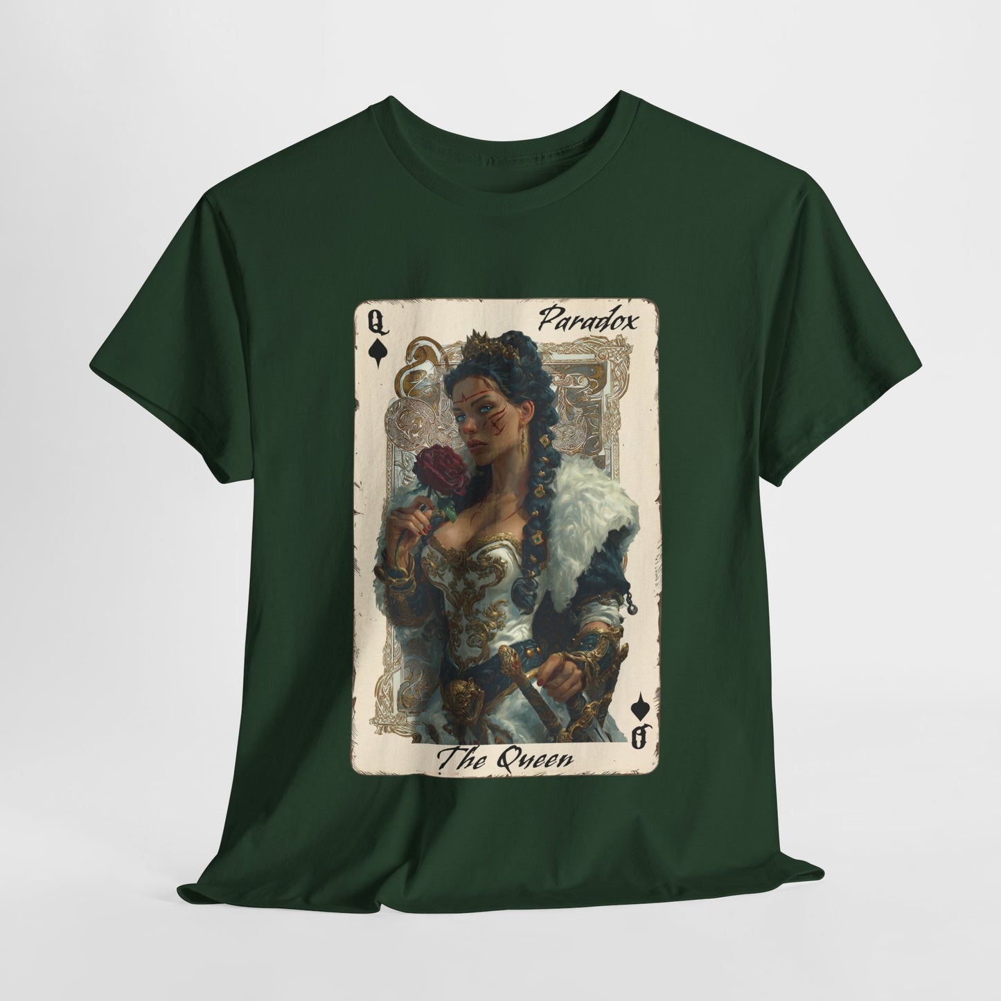 Green t-shirt with graphic shirt of the queen of spades