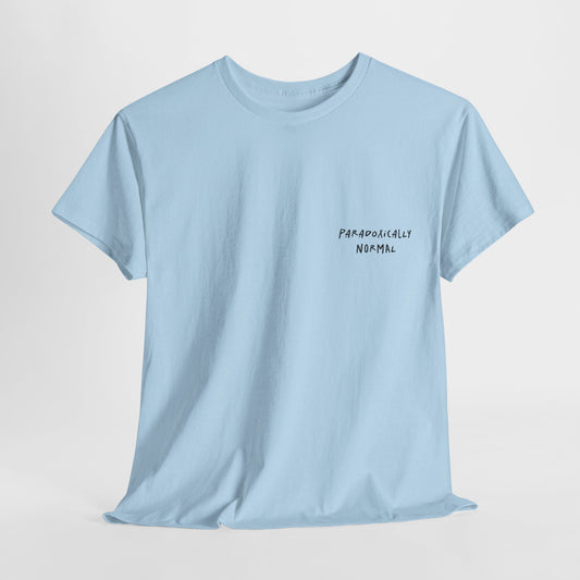 Blue t-shirt with a graphic of a text reading 'Paradoxically Normal'