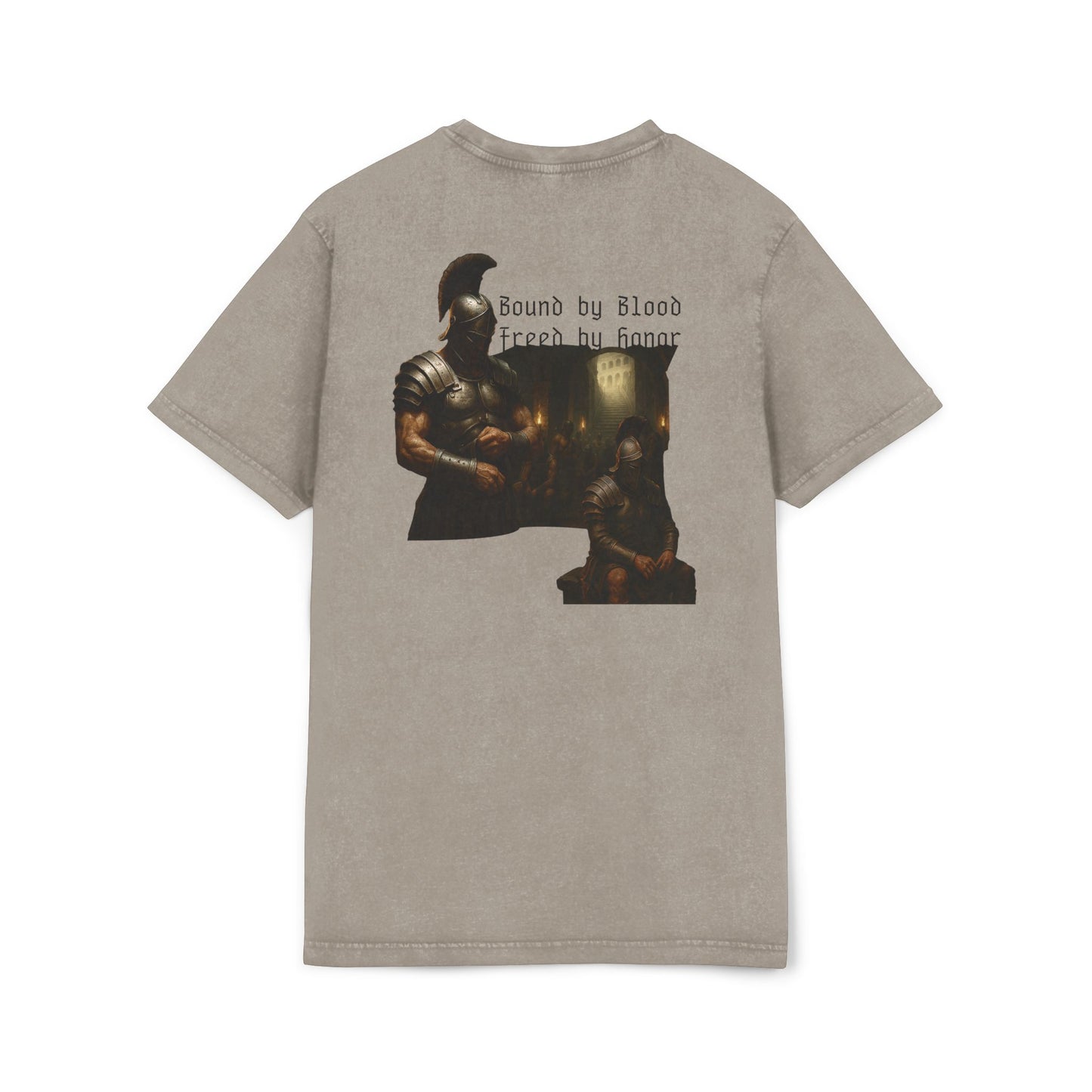 Beige t-shirt with graphic design of gladiator brothers waiting for battle.