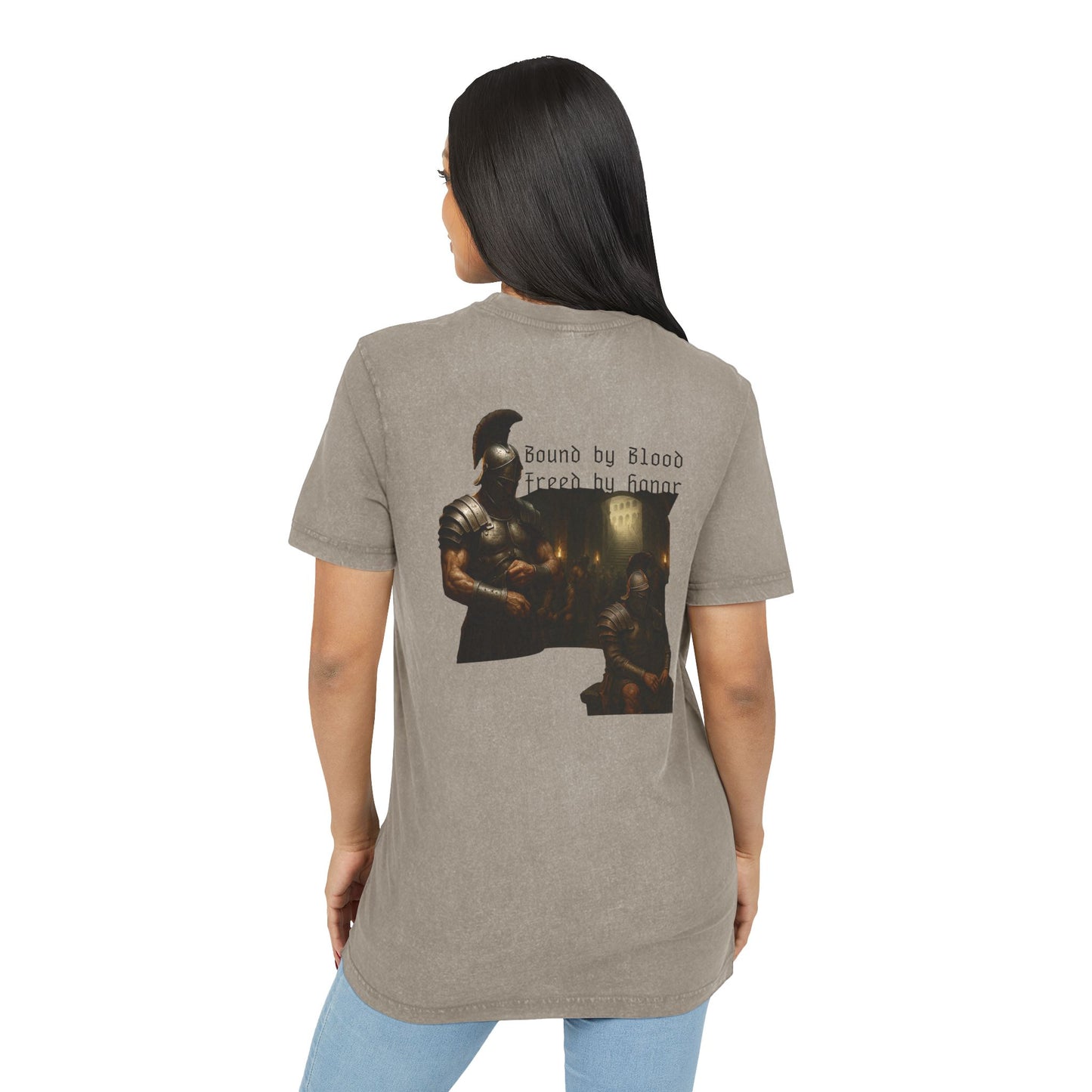Beige t-shirt with graphic design of gladiator brothers waiting for battle on female model.