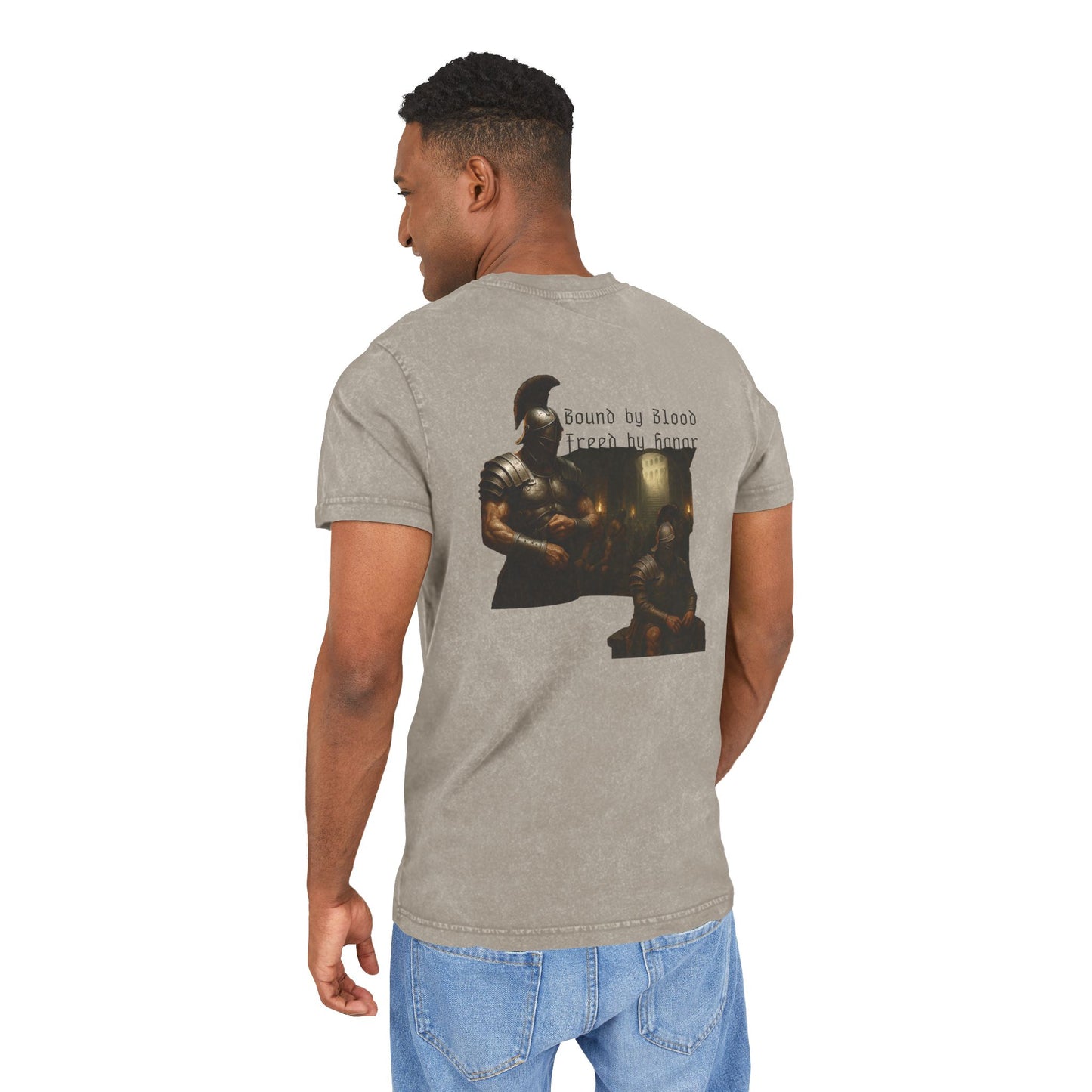 Beige t-shirt with graphic design of gladiator brothers waiting for battle on male model.
