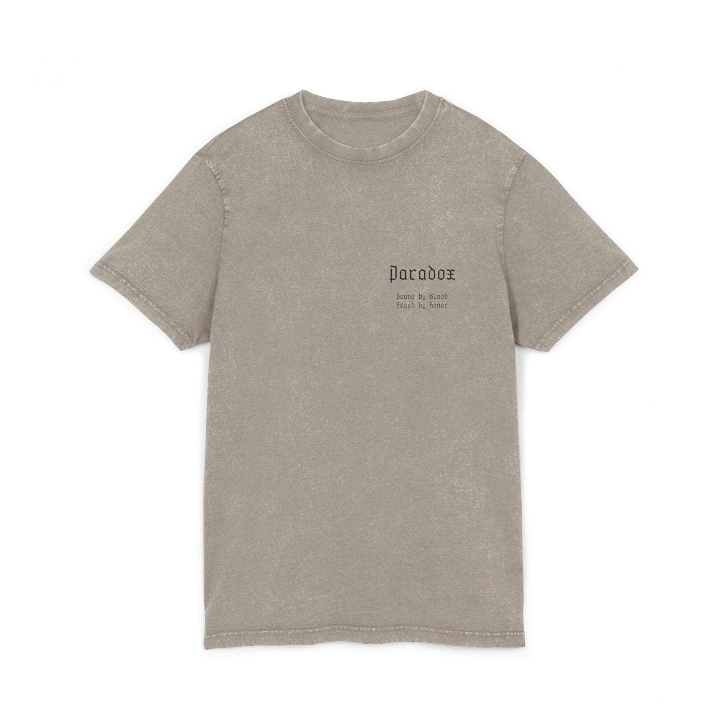 Beige t-shirt with graphic design of gladiator brothers waiting for battle.