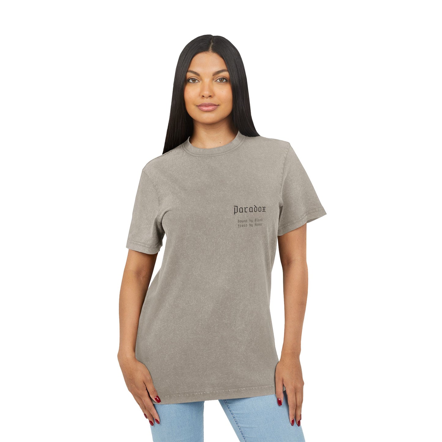 Beige t-shirt with graphic design of gladiator brothers waiting for battle on female model.