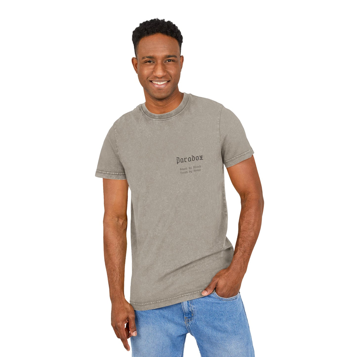 Beige t-shirt with graphic design of gladiator brothers waiting for battle on male model.