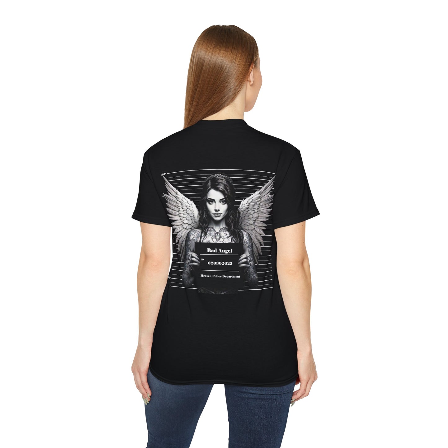 A black t-shirt featuring a graphic print of a bad angel with wings, resembling a mugshot female model