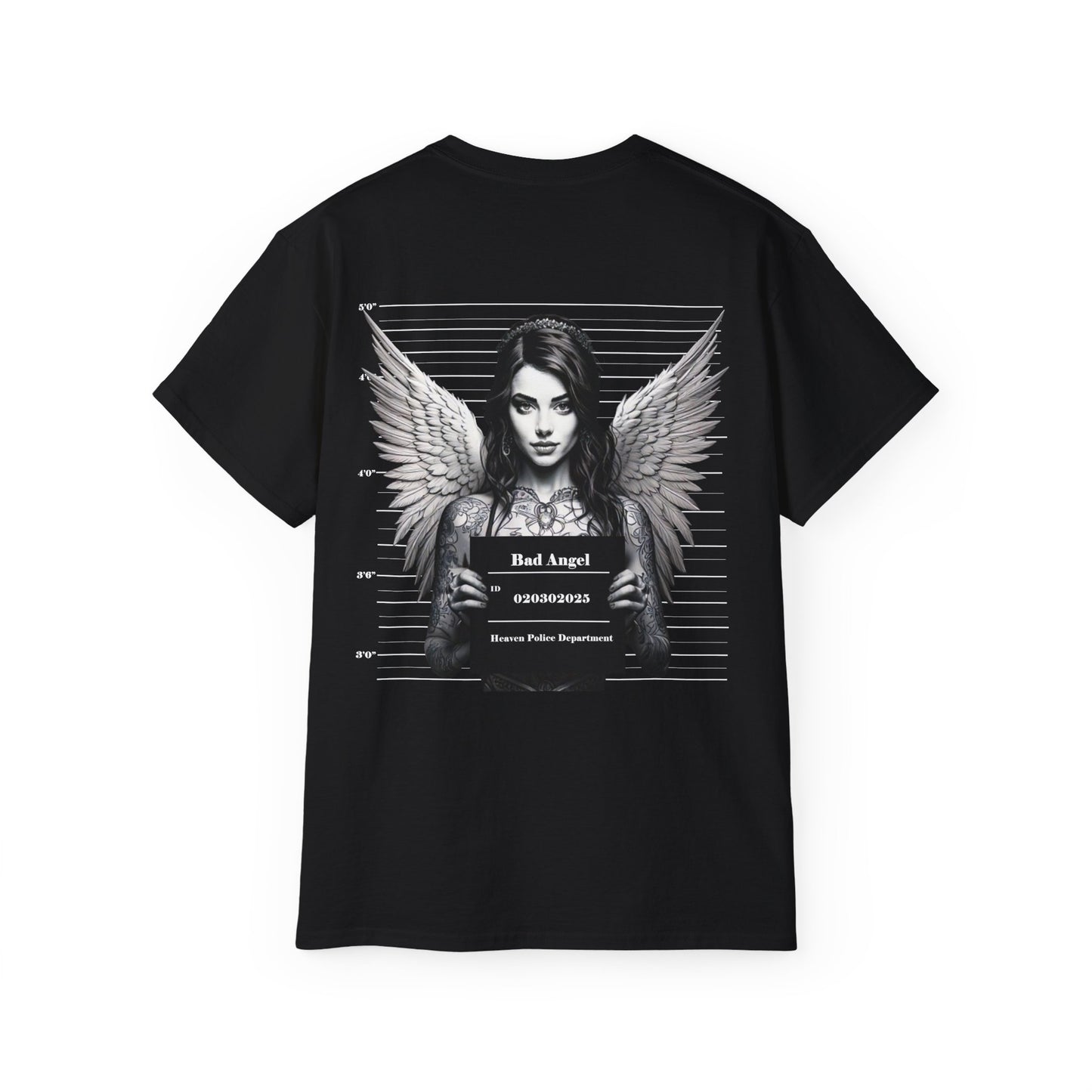 A black t-shirt featuring a graphic print of a bad angel with wings, resembling a mugshot.