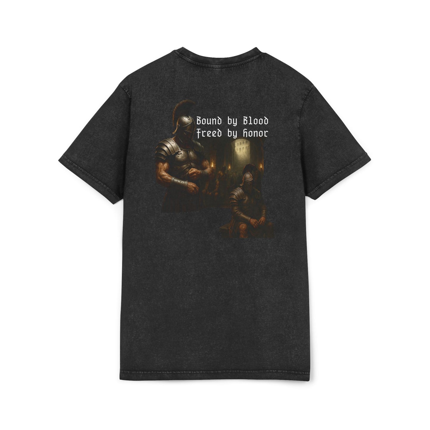 Black t-shirt with graphic design of gladiator brothers waiting for battle.