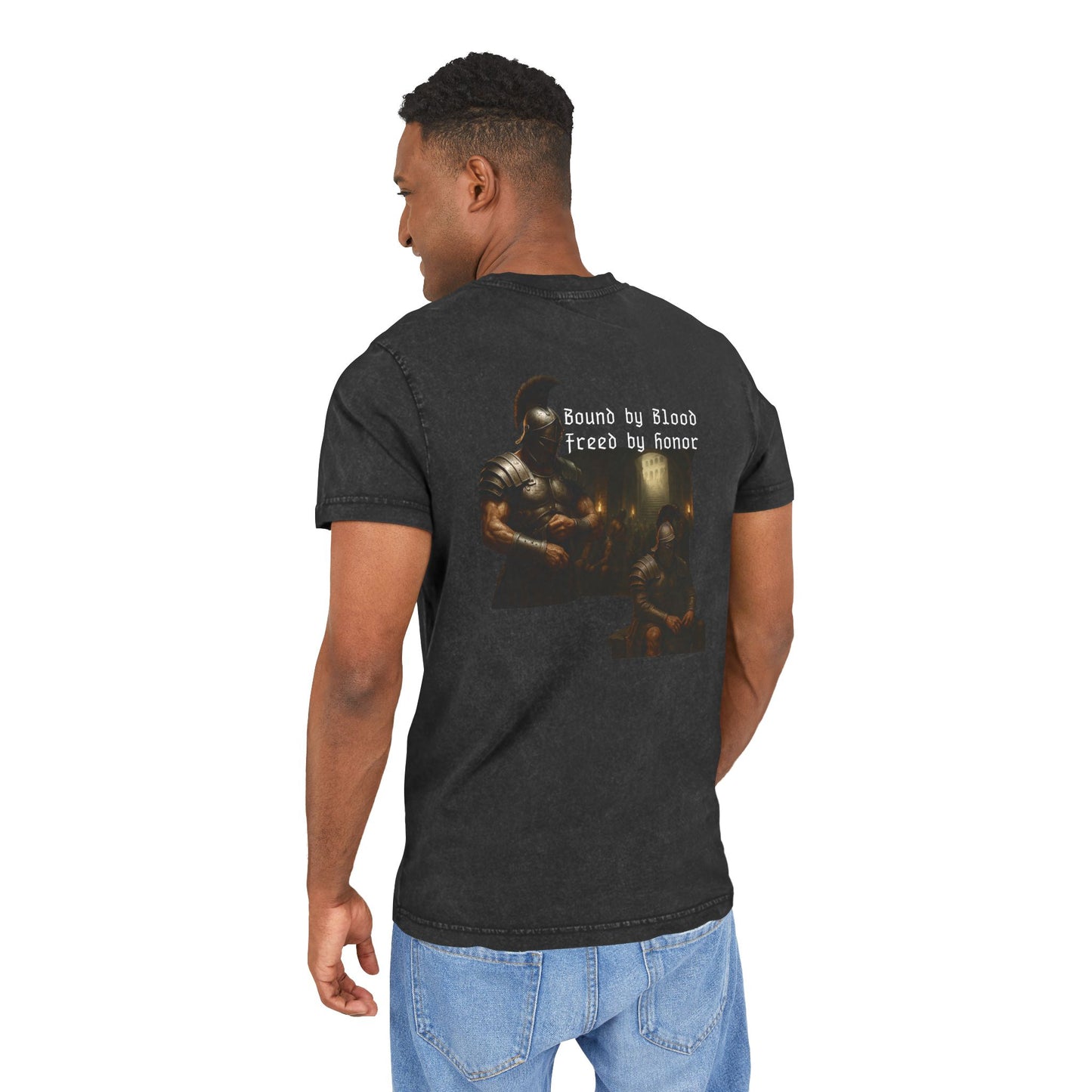 Black t-shirt with graphic design of gladiator brothers waiting for battle on male model.