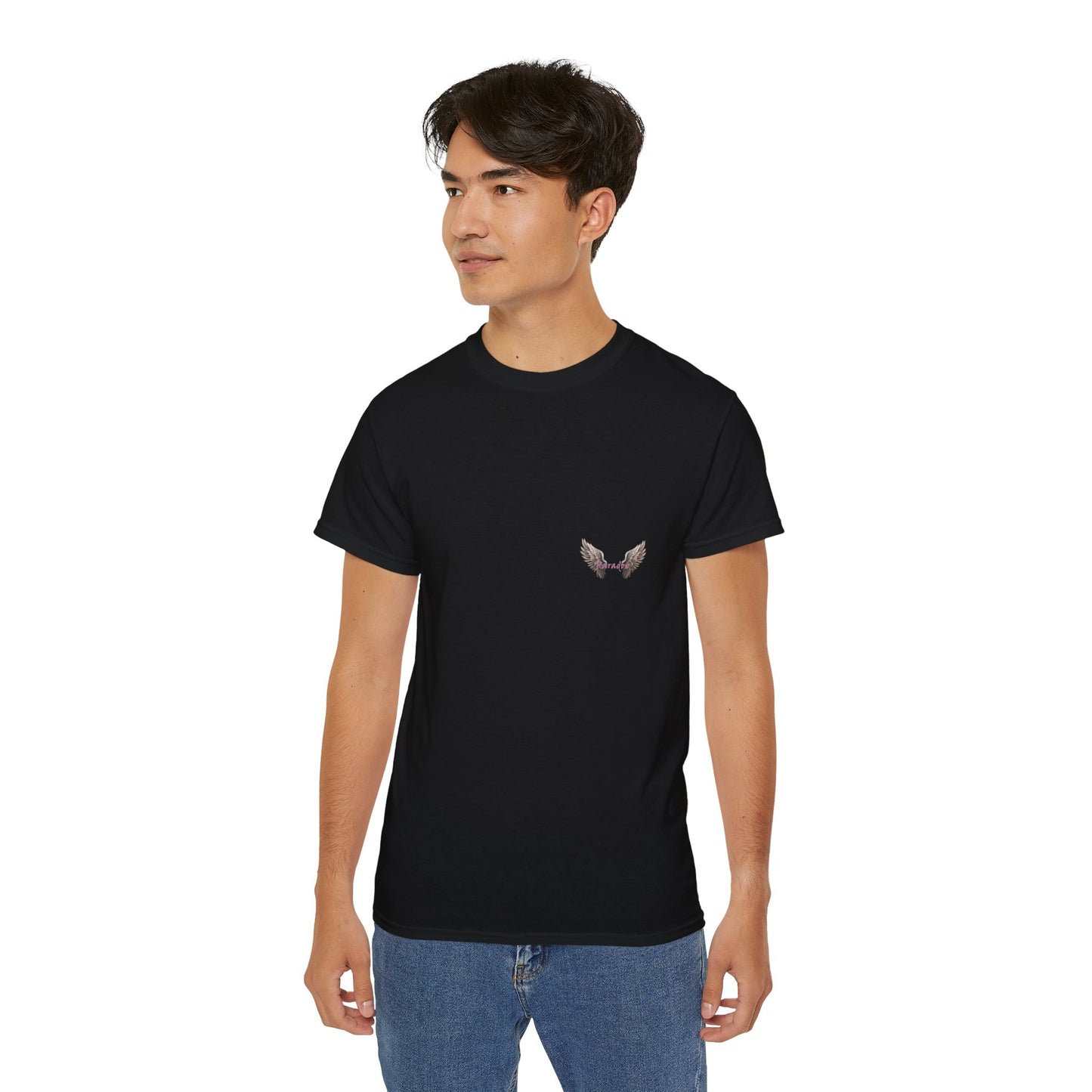 A black t-shirt featuring a graphic print of a bad angel with wings, resembling a mugshot male model.