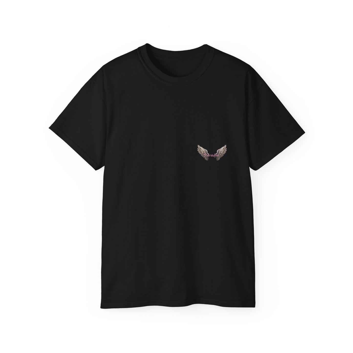 A black t-shirt featuring a graphic print of a bad angel with wings, resembling a mugshot.