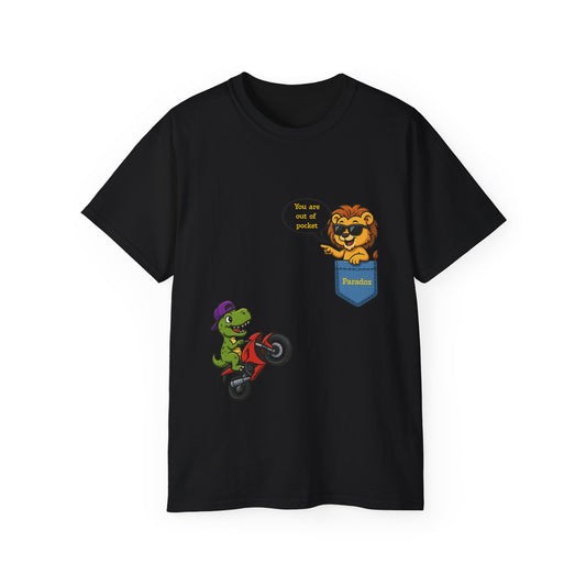 Black t-shirt with a cartoon dinosaur on a motorcycle and a lion saying You are out of pocket.