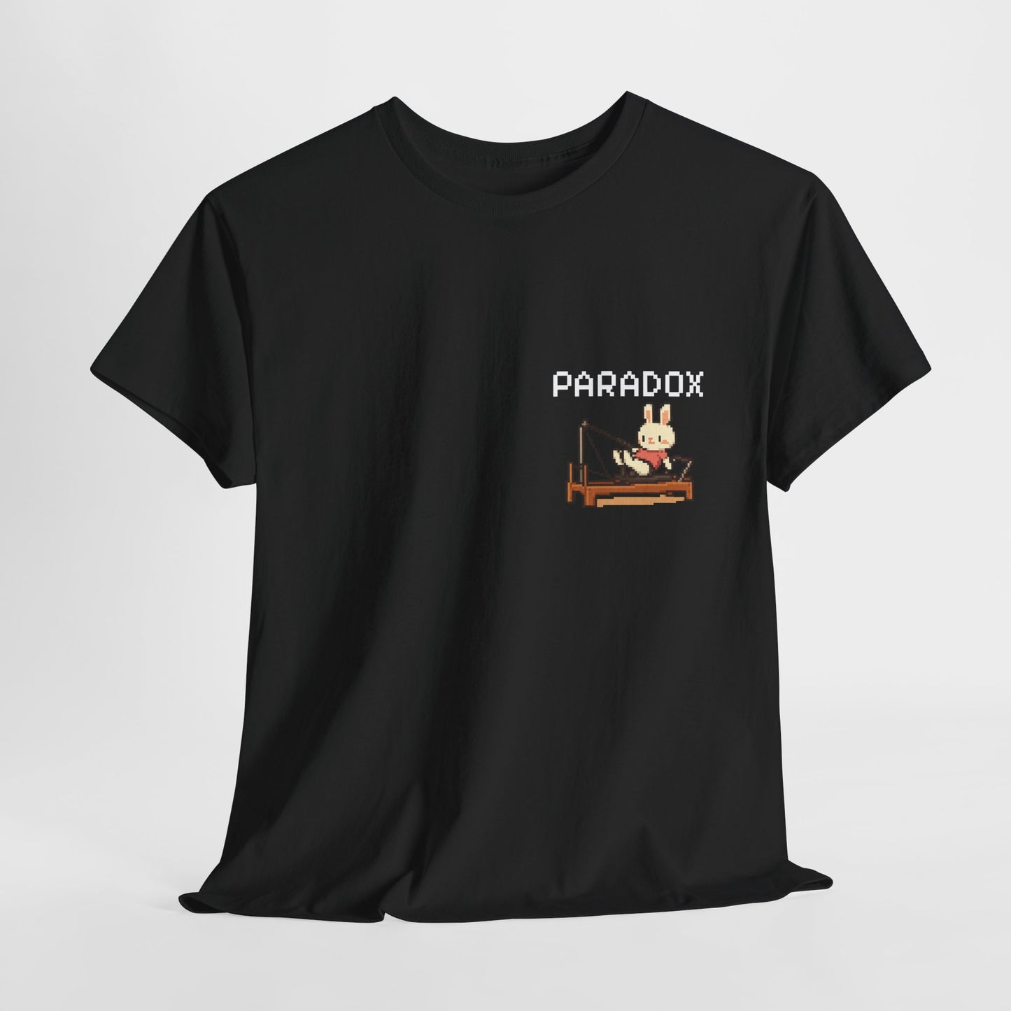 Black t-shirt with a graphic pixel art of bunny doing pilates