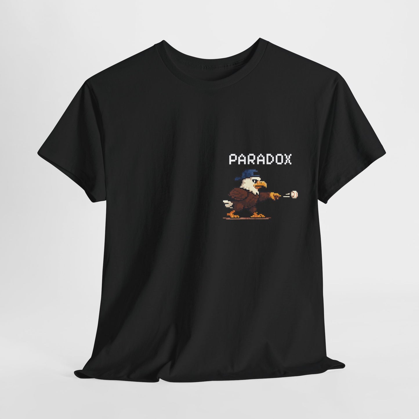 Black t-shirt with a graphic pixel art of an eagle playing baseball
