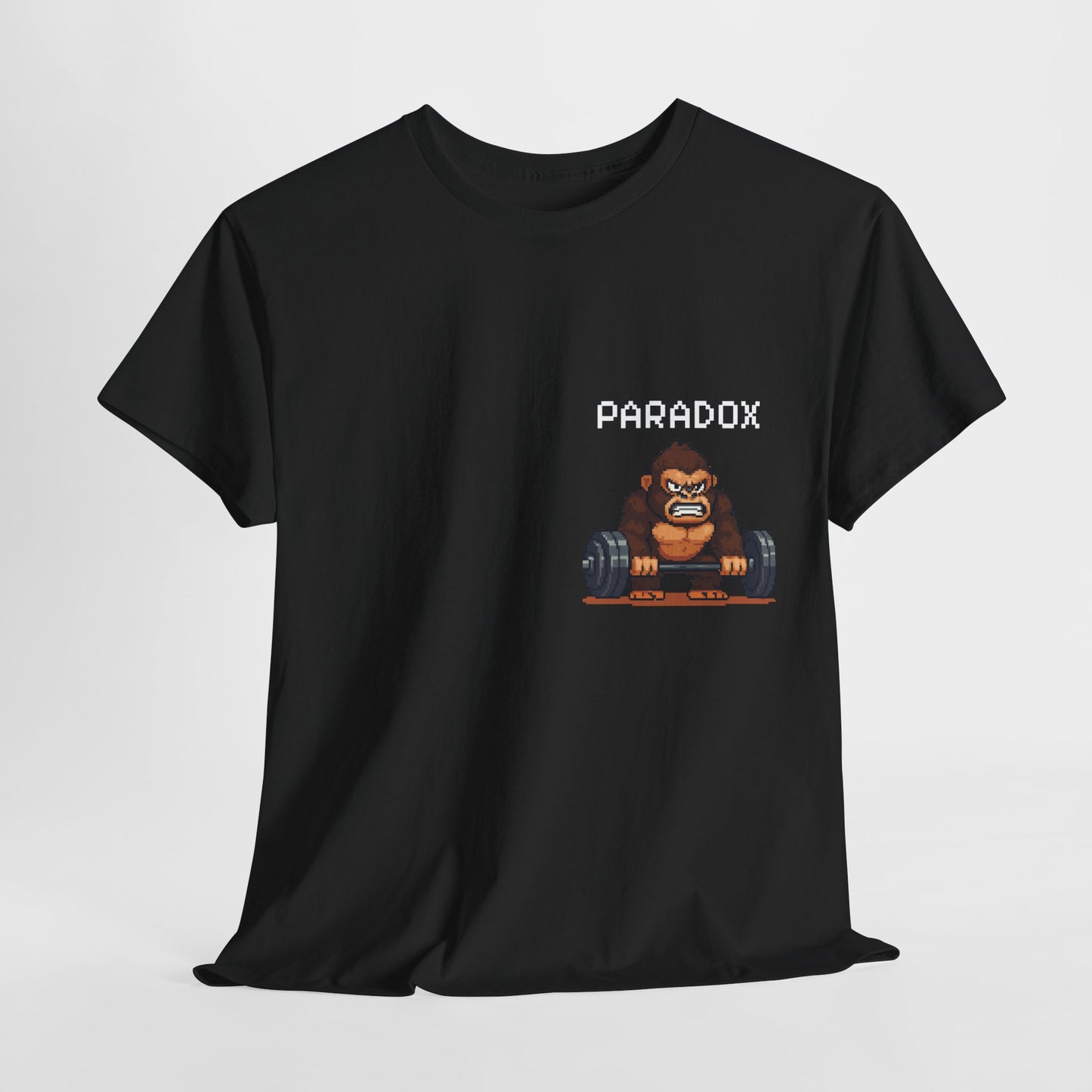Black t-shirt with a graphic pixel art of gorilla in the gym
