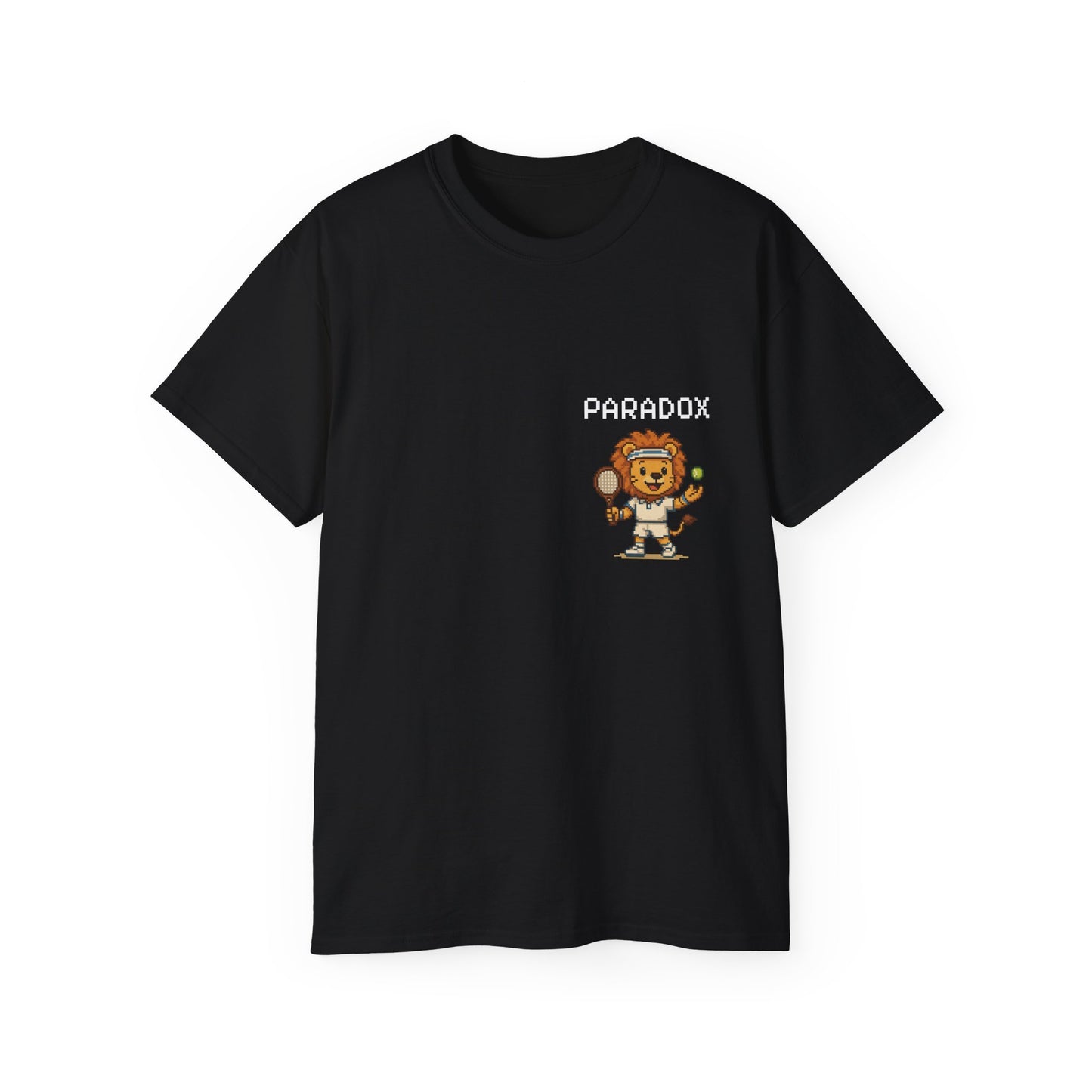 Black t-shirt with a graphic pixel art of a lion playing tennis
