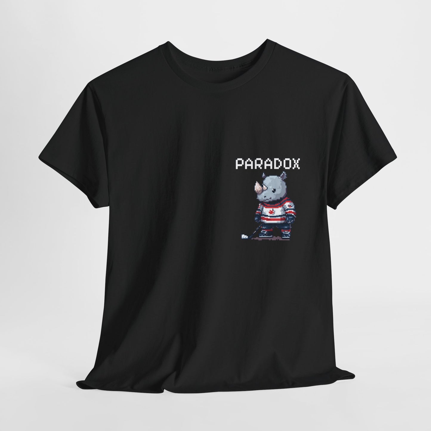 Black t-shirt with a graphic pixel art of a rhino playing ice hockey