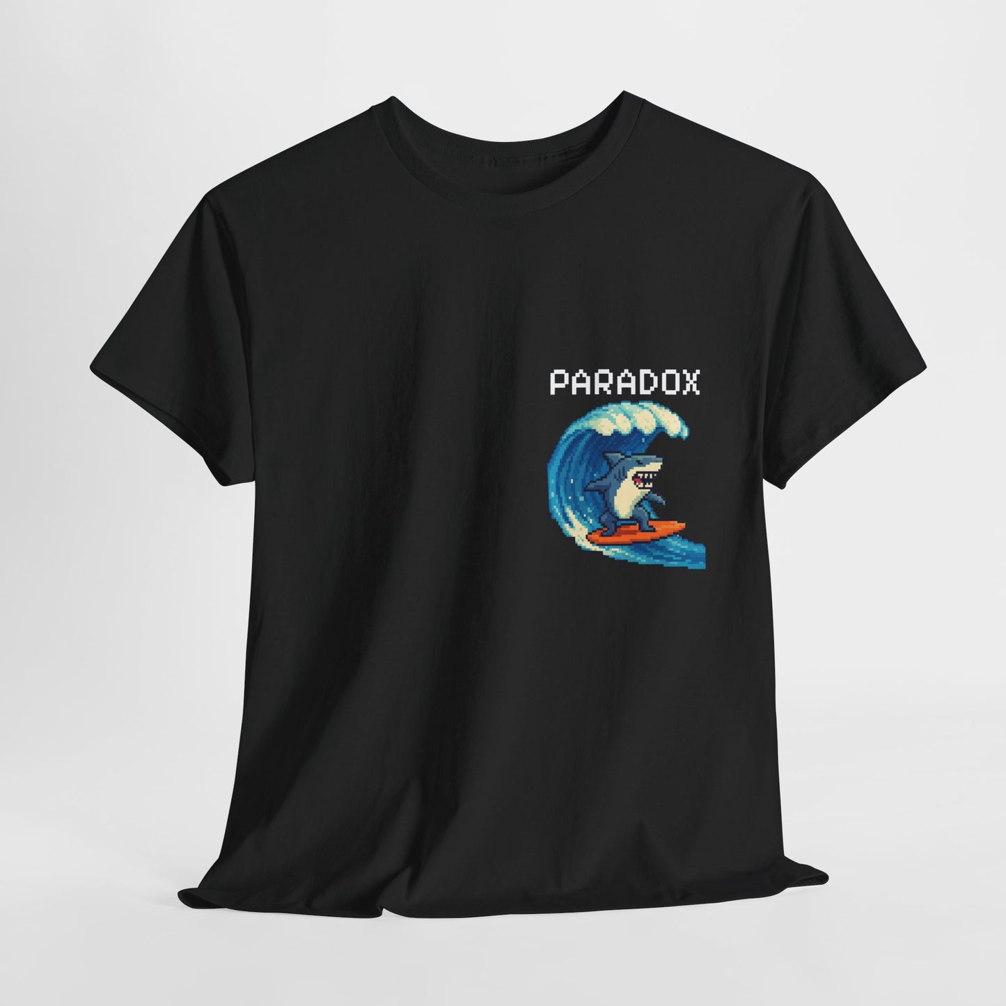 Black t-shirt with a graphic pixel art of a shark surfing