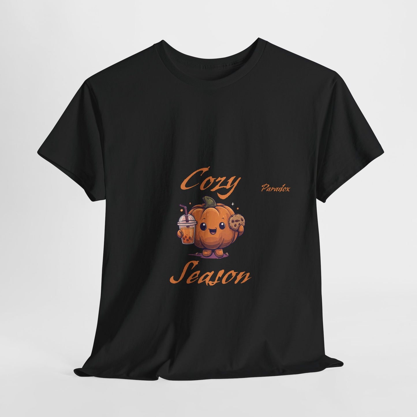Black t-shirt of a graphic cute cozy season pumpkin holding a cookie and pumpkin spice