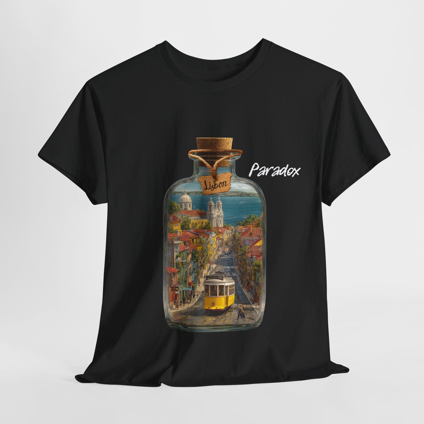 Black t-shirt of glass bottle with Lisbon