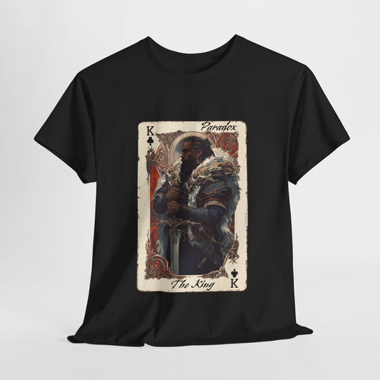 Black t-shirt with a graphic design of a character on a card, featuring the text 'Paradox' and 'The King'.
