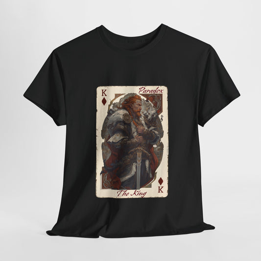Black t-shirt with a graphic of the king of diamonds on a male model