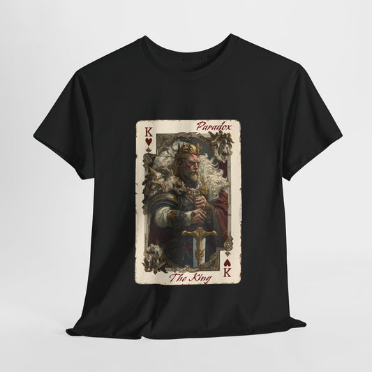 Black t-shirt with a graphic of the king of hearts on a male model
