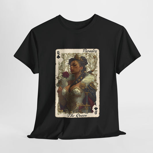 Black t-shirt with a graphic of the queen of clubs