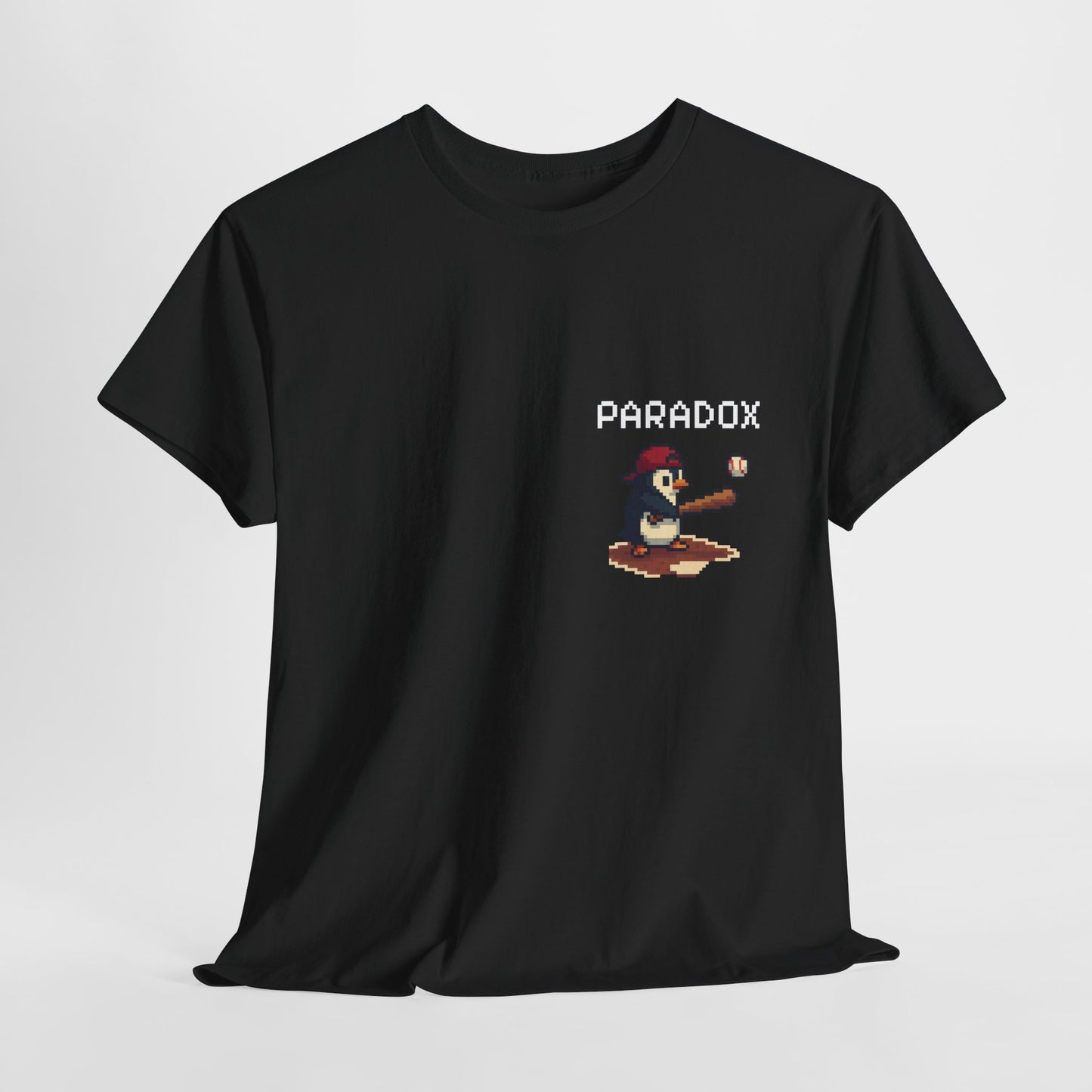 Black t-shirt with a pixel graphic of a penguin playing baseball