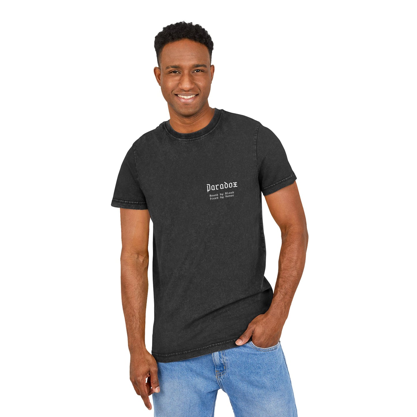 Black t-shirt with graphic design of gladiator brothers waiting for battle on male model.