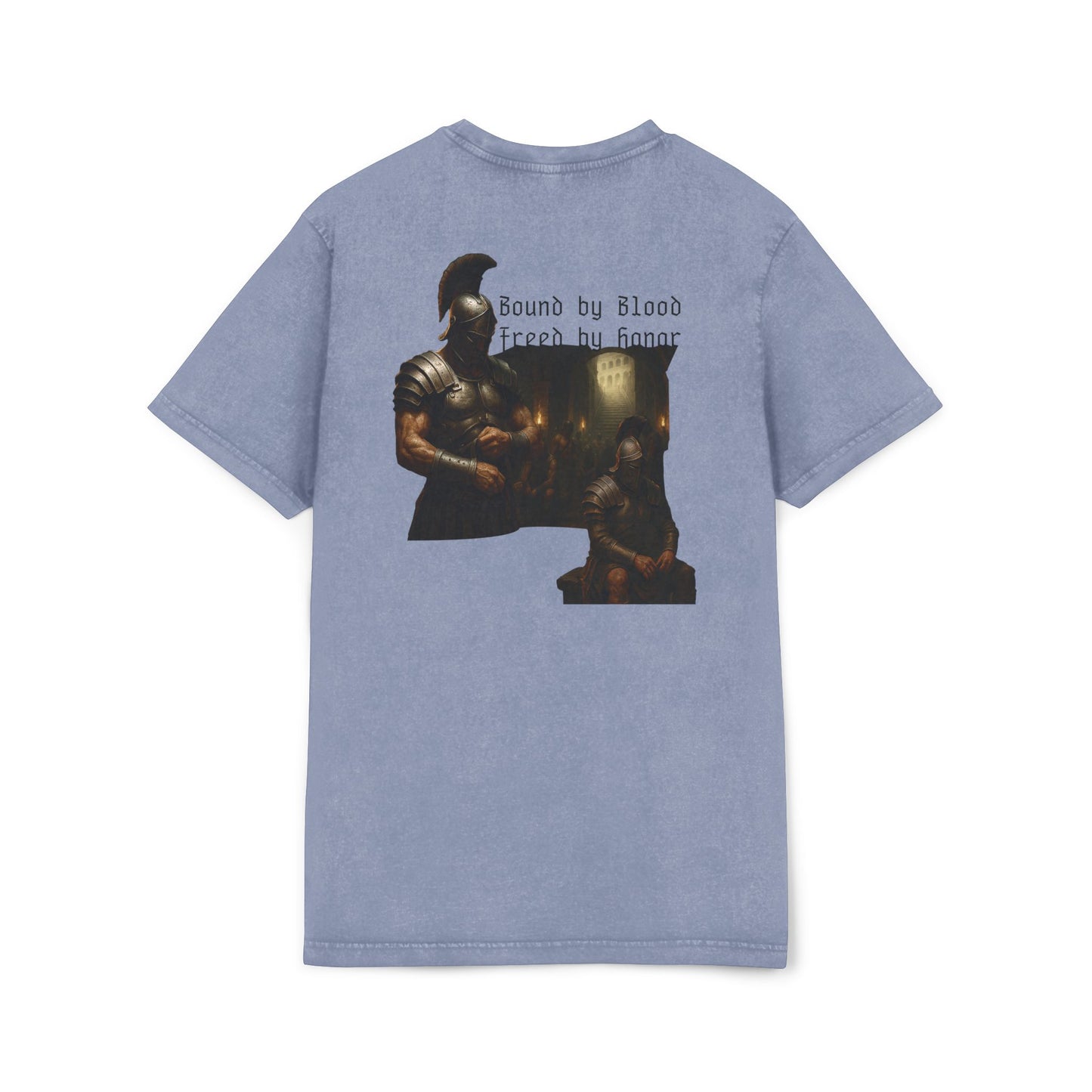 Blue t-shirt with graphic design of gladiator brothers waiting for battle.