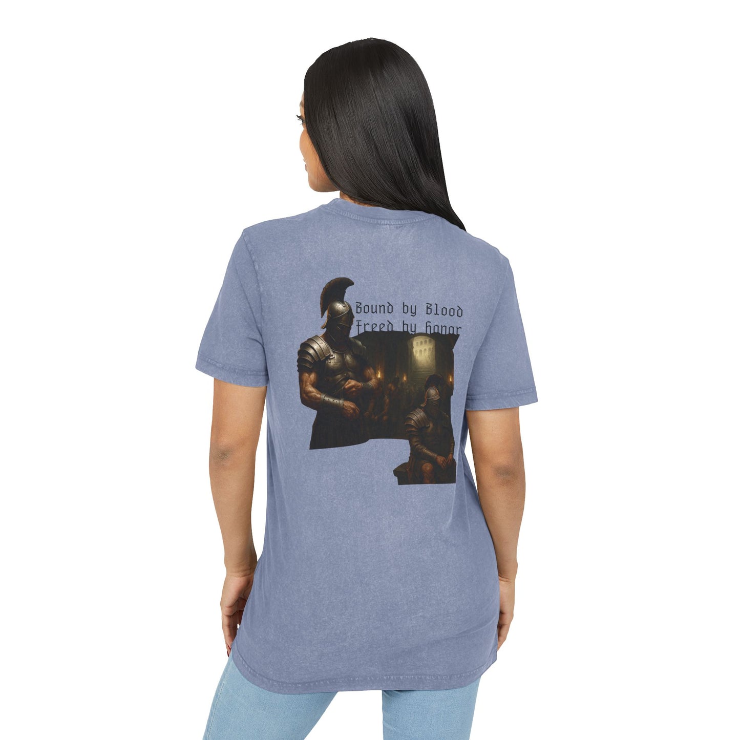 Blue t-shirt with graphic design of gladiator brothers waiting for battle on female model.