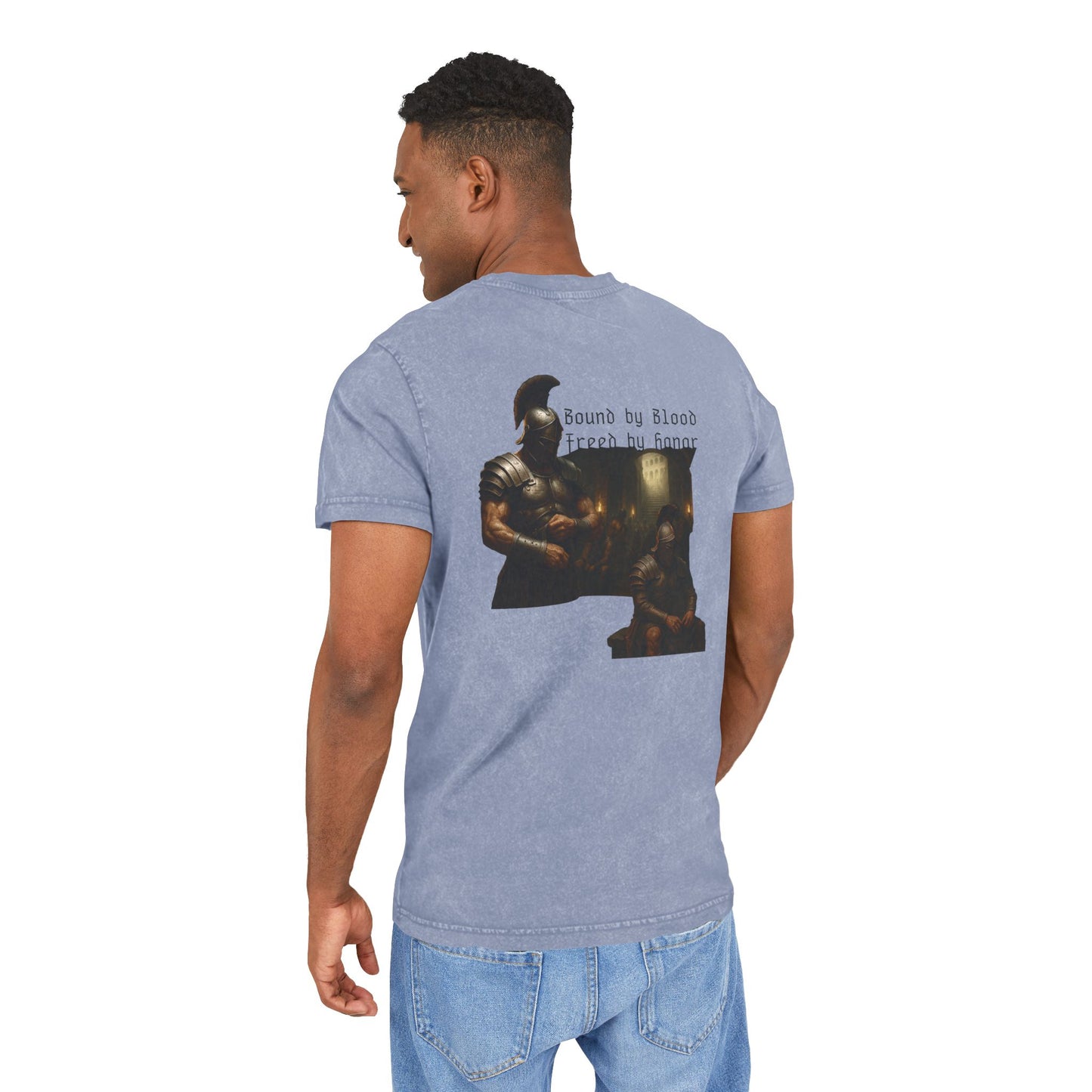 Blue t-shirt with graphic design of gladiator brothers waiting for battle on male model.