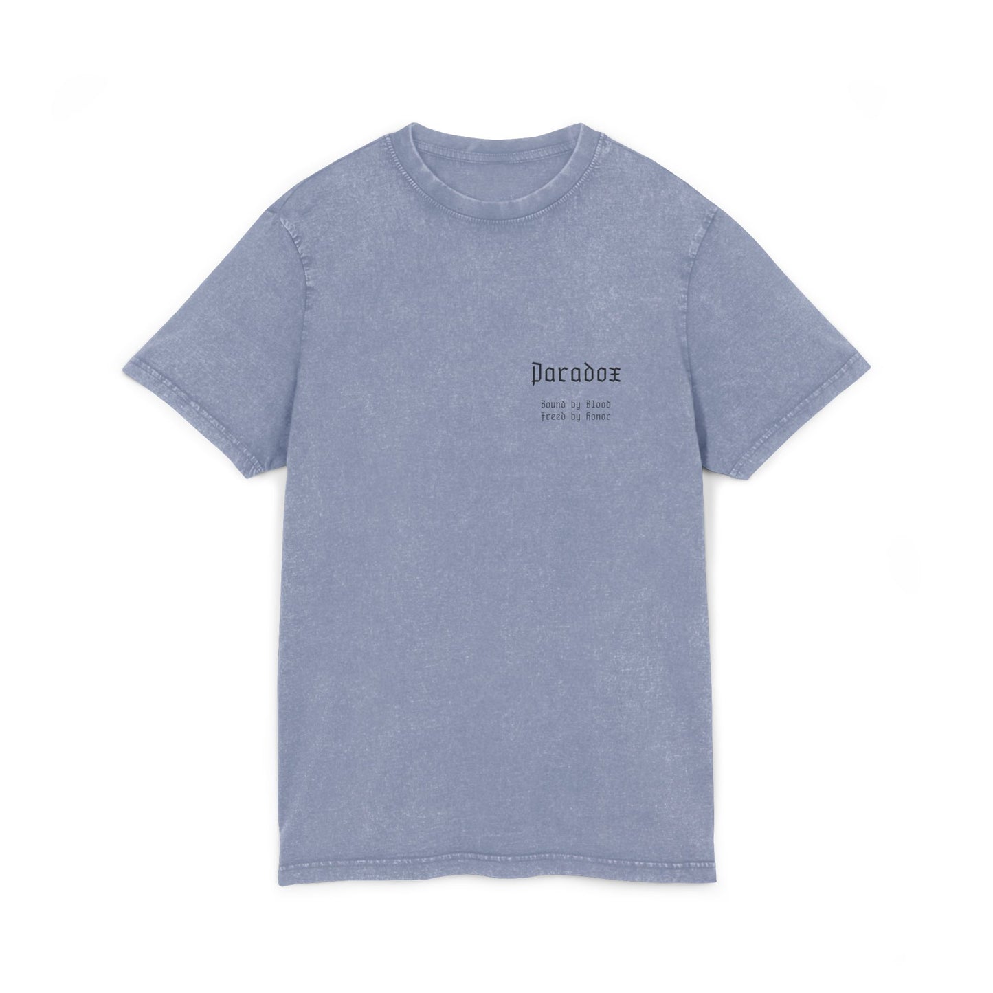 Blue t-shirt with graphic design of gladiator brothers waiting for battle.