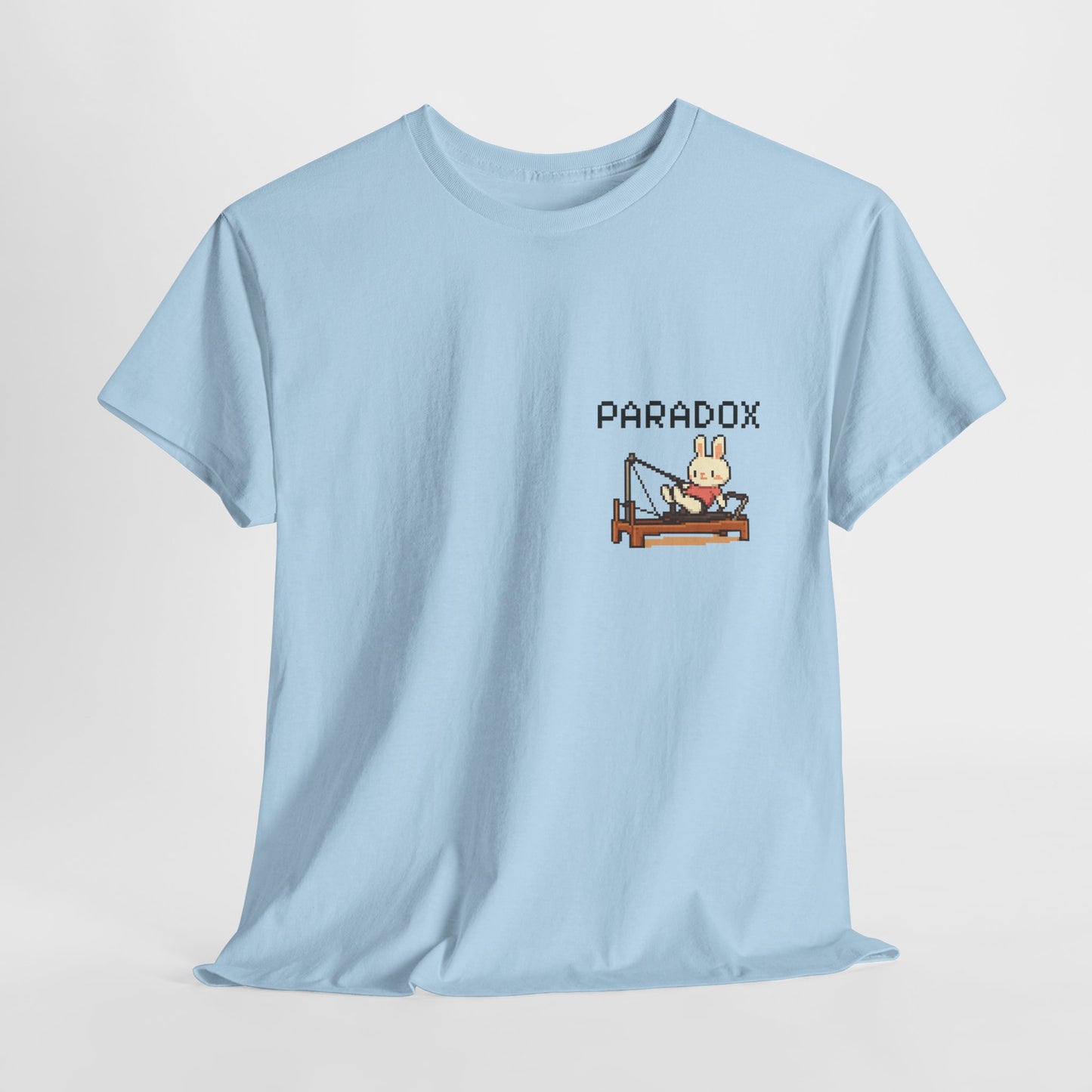 Blue t-shirt with a graphic pixel art of bunny doing pilates