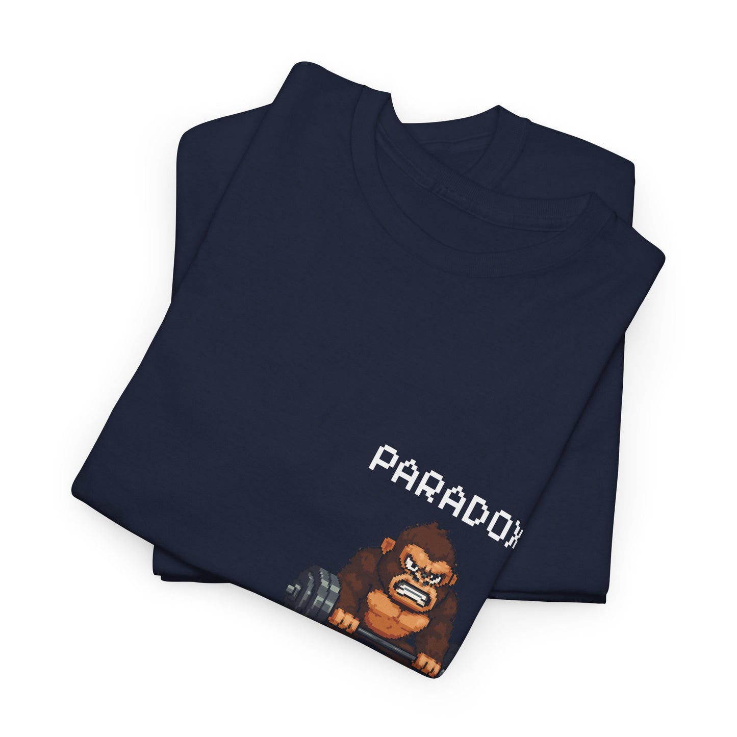 Blue t-shirt with a graphic pixel art of gorilla in the gym close up