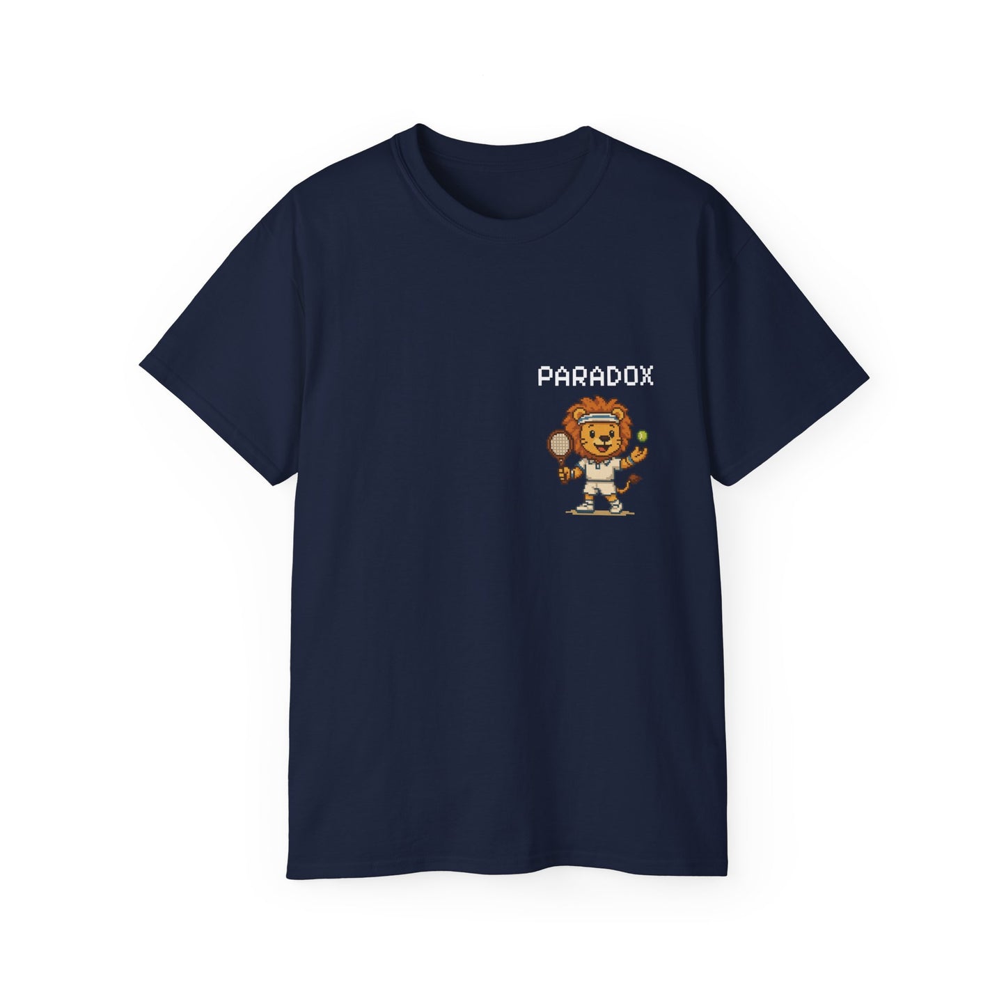Blue t-shirt with a graphic pixel art of a lion playing tennis