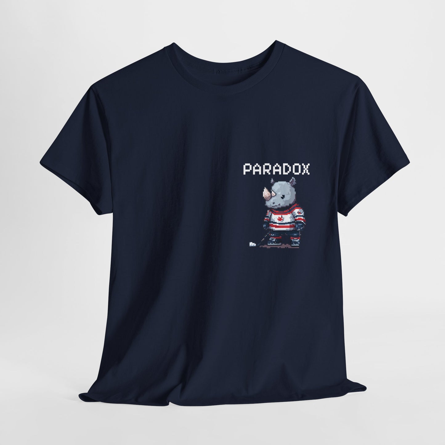 Blue t-shirt with a graphic pixel art of a rhino playing ice hockey