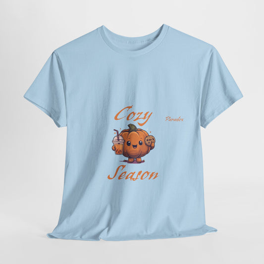 Blue t-shirt of a graphic cute cozy season pumpkin holding a cookie and pumpkin spice