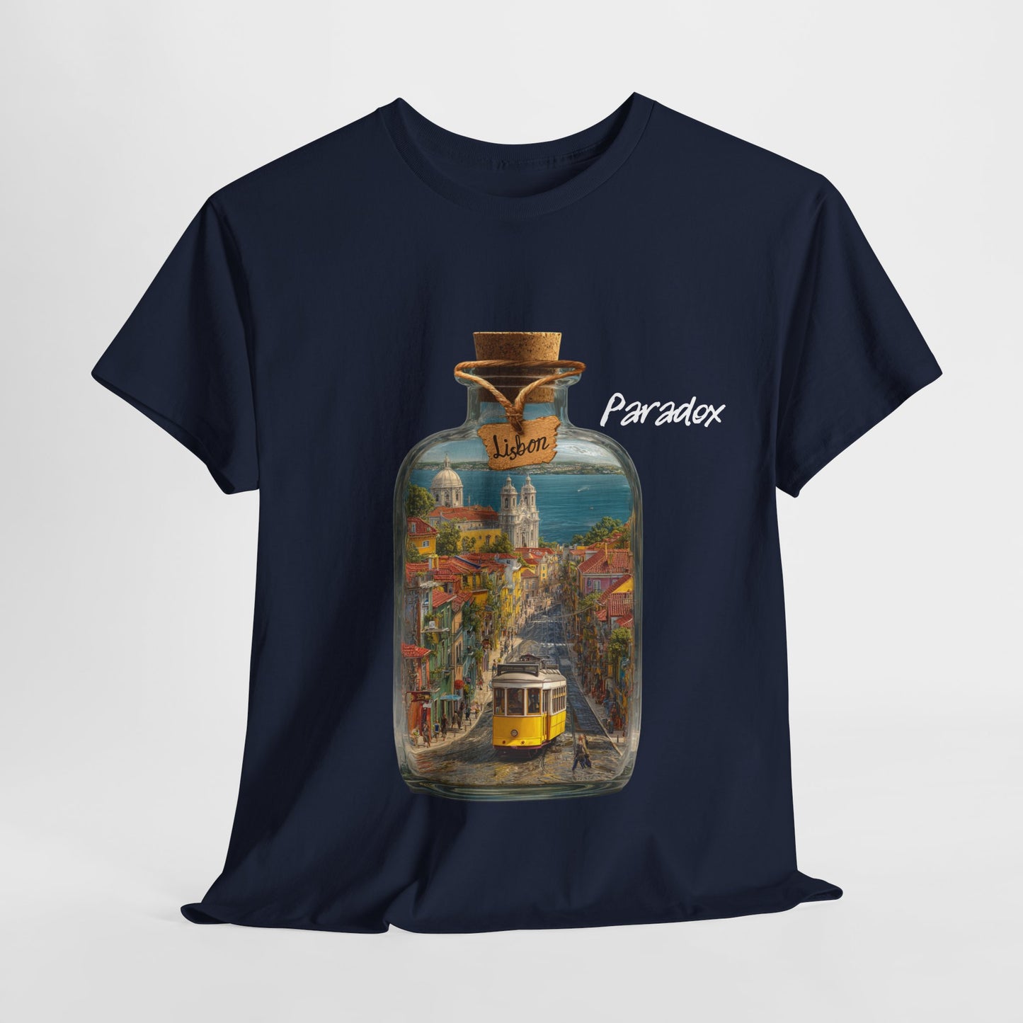 Blue t-shirt of glass bottle with Lisbon