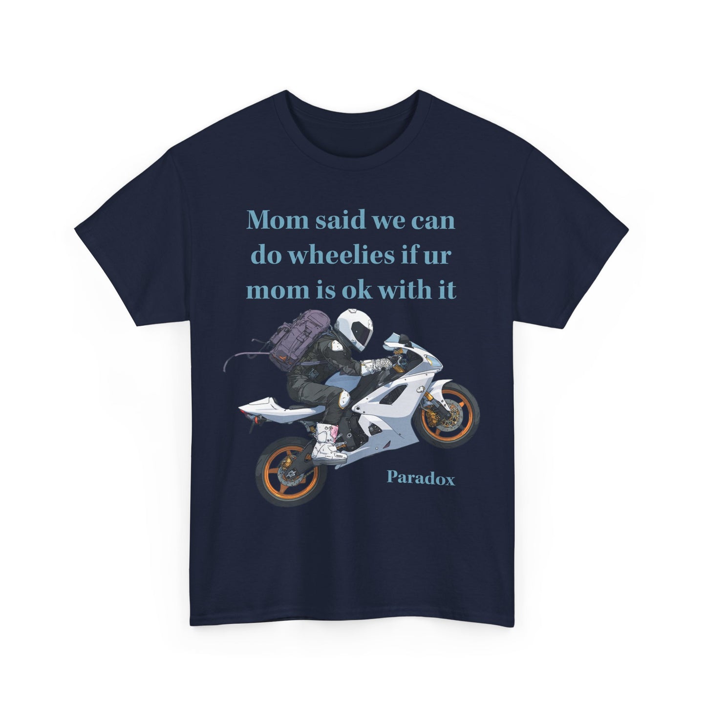 Blue t-shirt with a graphic of a motorcycle with funny text