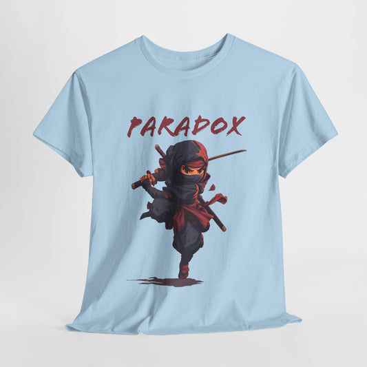 Blue t-shirt with a graphic of a ninja on a male model