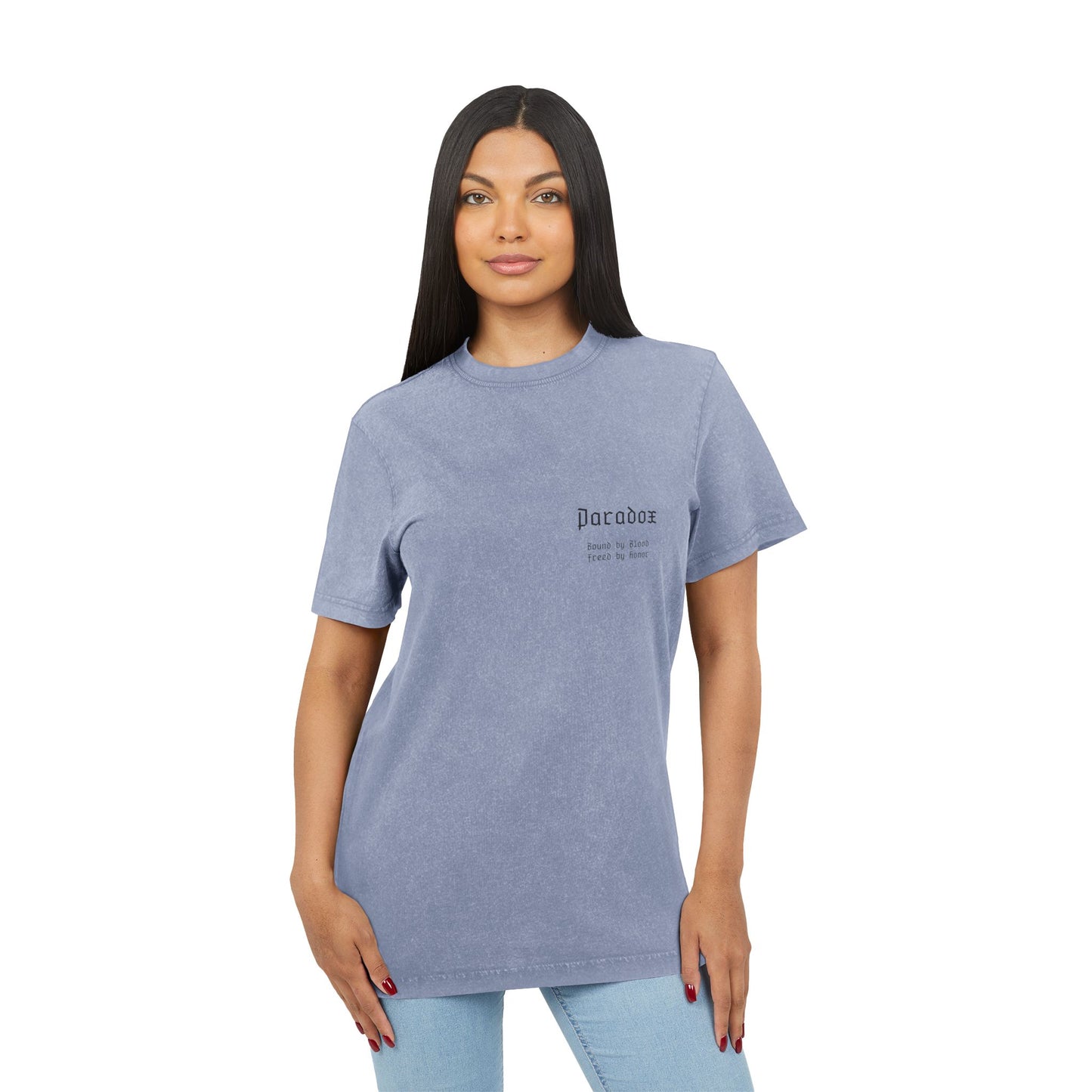 Blue t-shirt with graphic design of gladiator brothers waiting for battle on female model.