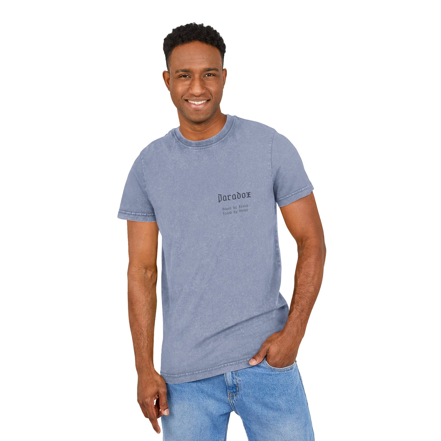 Blue t-shirt with graphic design of gladiator brothers waiting for battle on male model.