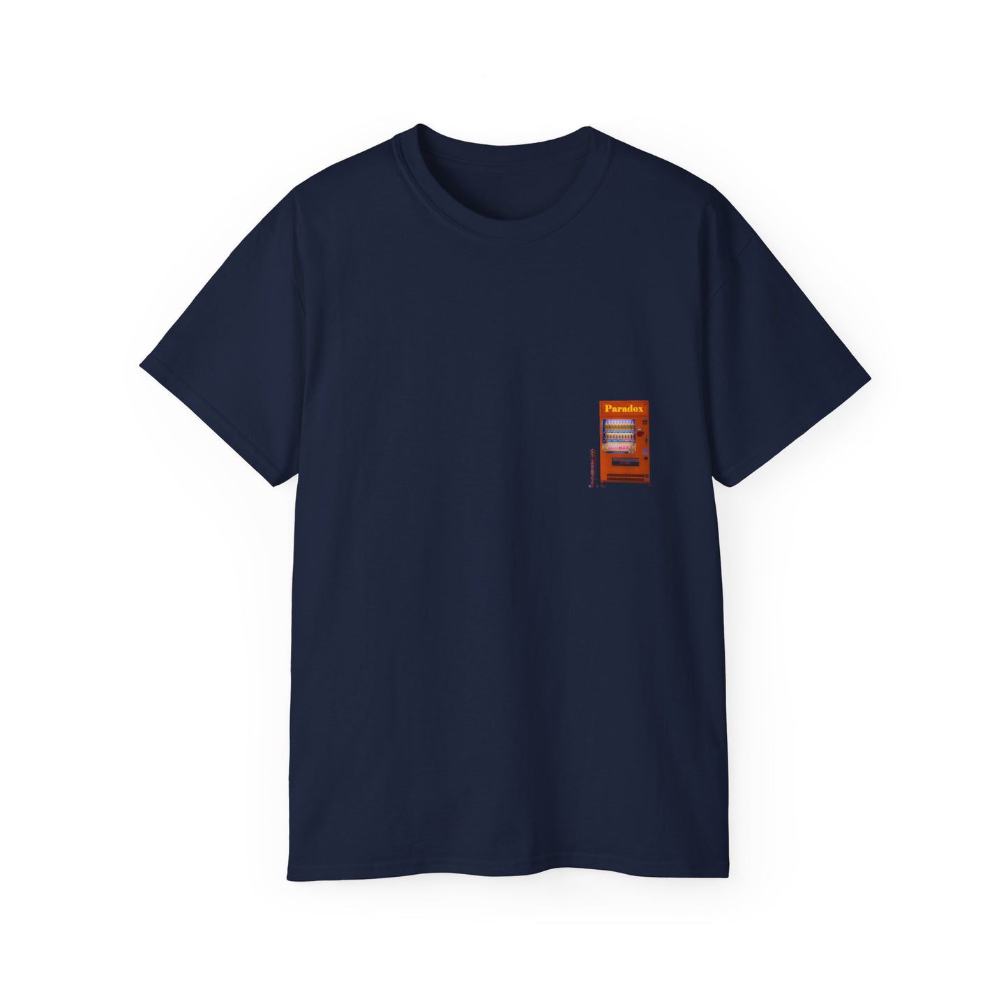 A dark blue t-shirt featuring a graphic print of a vintage coffe vending machine.