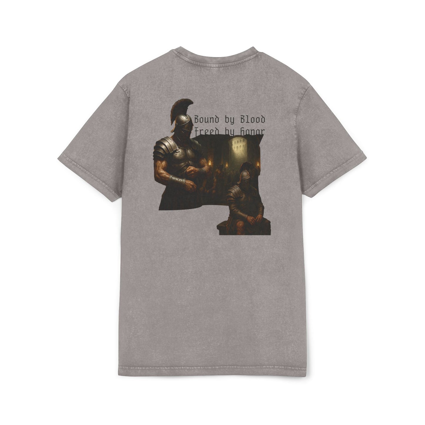 Gray t-shirt with graphic design of gladiator brothers waiting for battle.