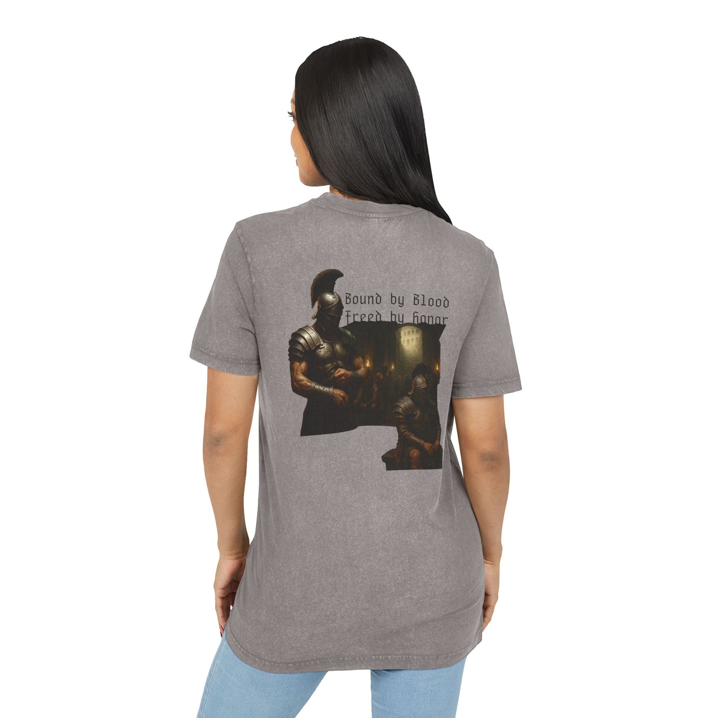 Gray t-shirt with graphic design of gladiator brothers waiting for battle on female model.