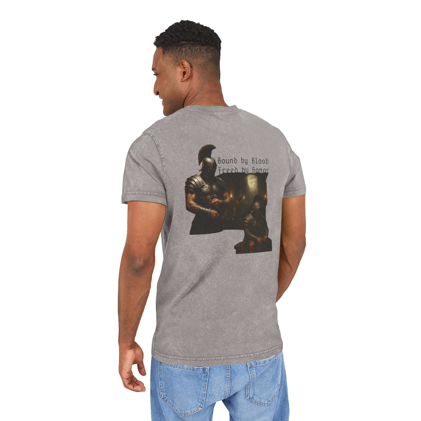 Gray t-shirt with graphic design of gladiator brothers waiting for battle on male model.