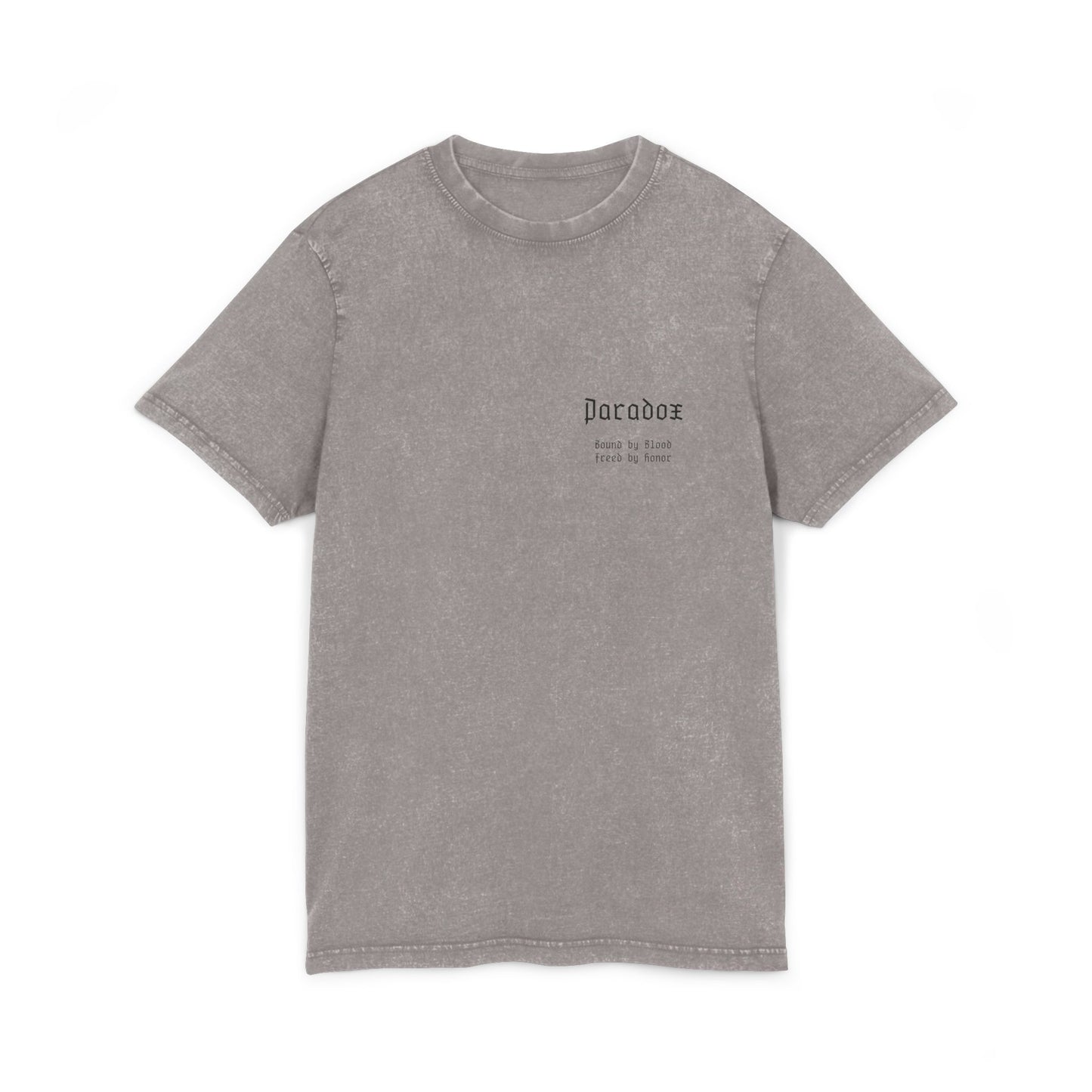 Gray t-shirt with graphic design of gladiator brothers waiting for battle.