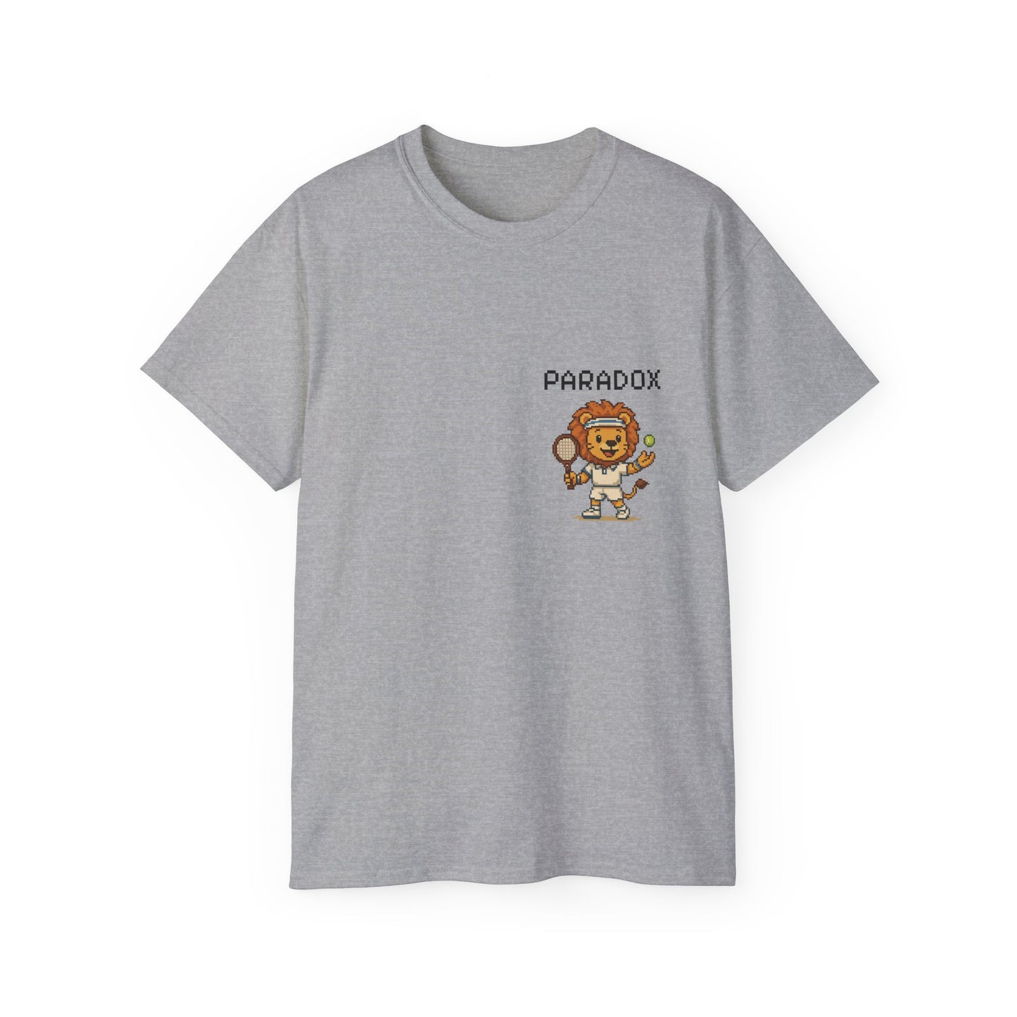 Gray t-shirt with a graphic pixel art of a lion playing tennis